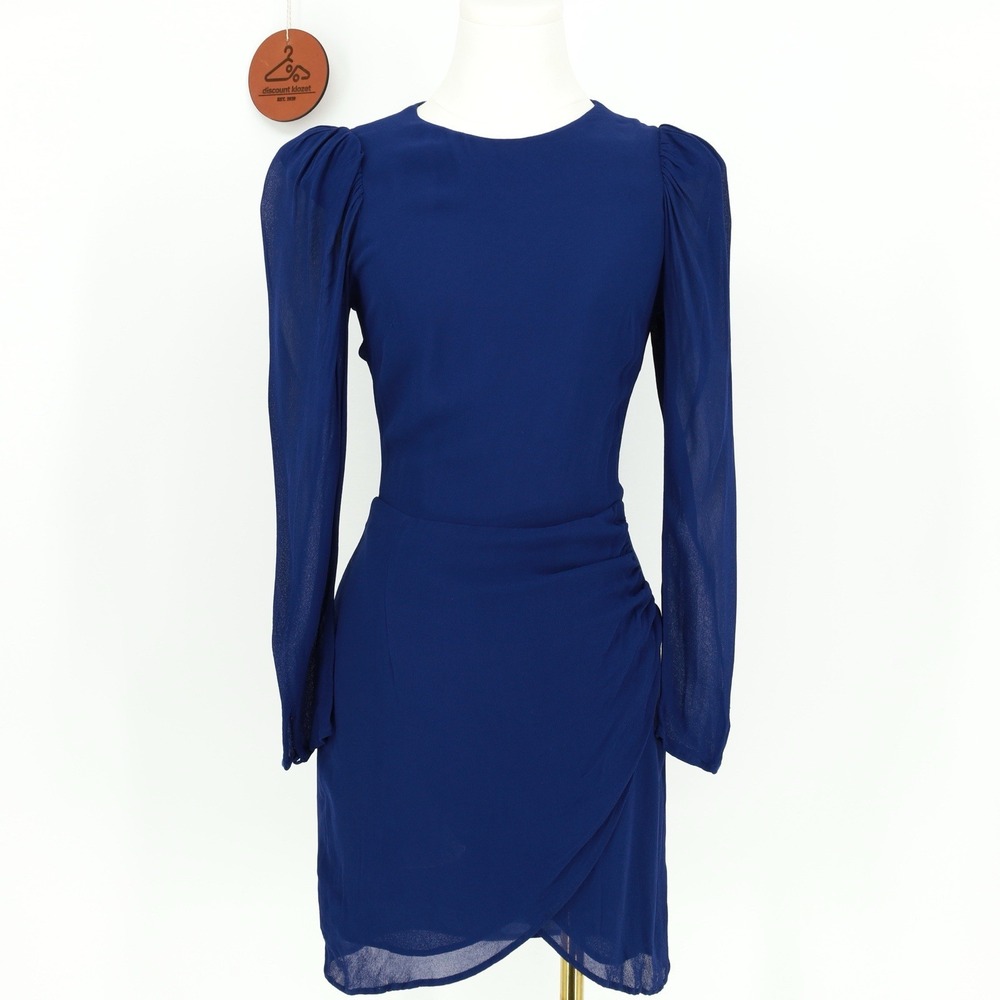 Reformation Juni Mini Dress Size 4 Blue Long Sleeve Puff Sleeve Faux Wrap Event